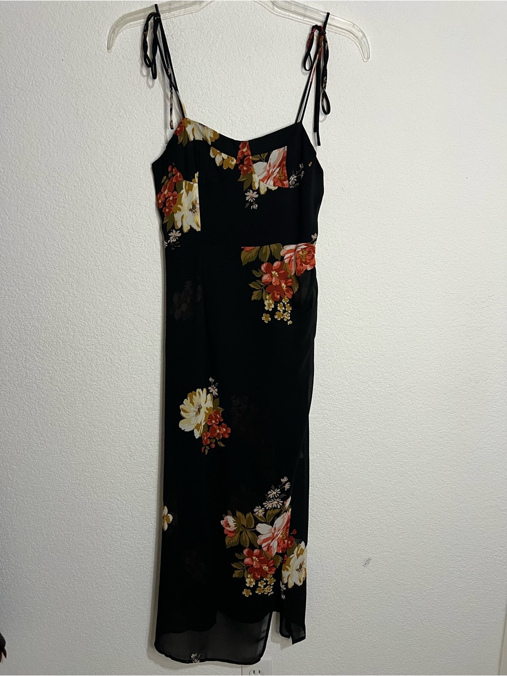 Commense Black Floral Lined Slit Front Evening Maxi Dress Small